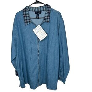 New Denim & Co. Women’s Flannel Trim Denim Zip Front Top 2X Blue BNWT